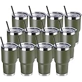 DOMICARE 30 oz Tumbler with Lid and Straw, Stainless Steel Tumblers Bulk, Insulated Vacuum Double Wall Travel Coffee Mug, Durable Powder Coated Tumbler Cups (Army Green, 12)