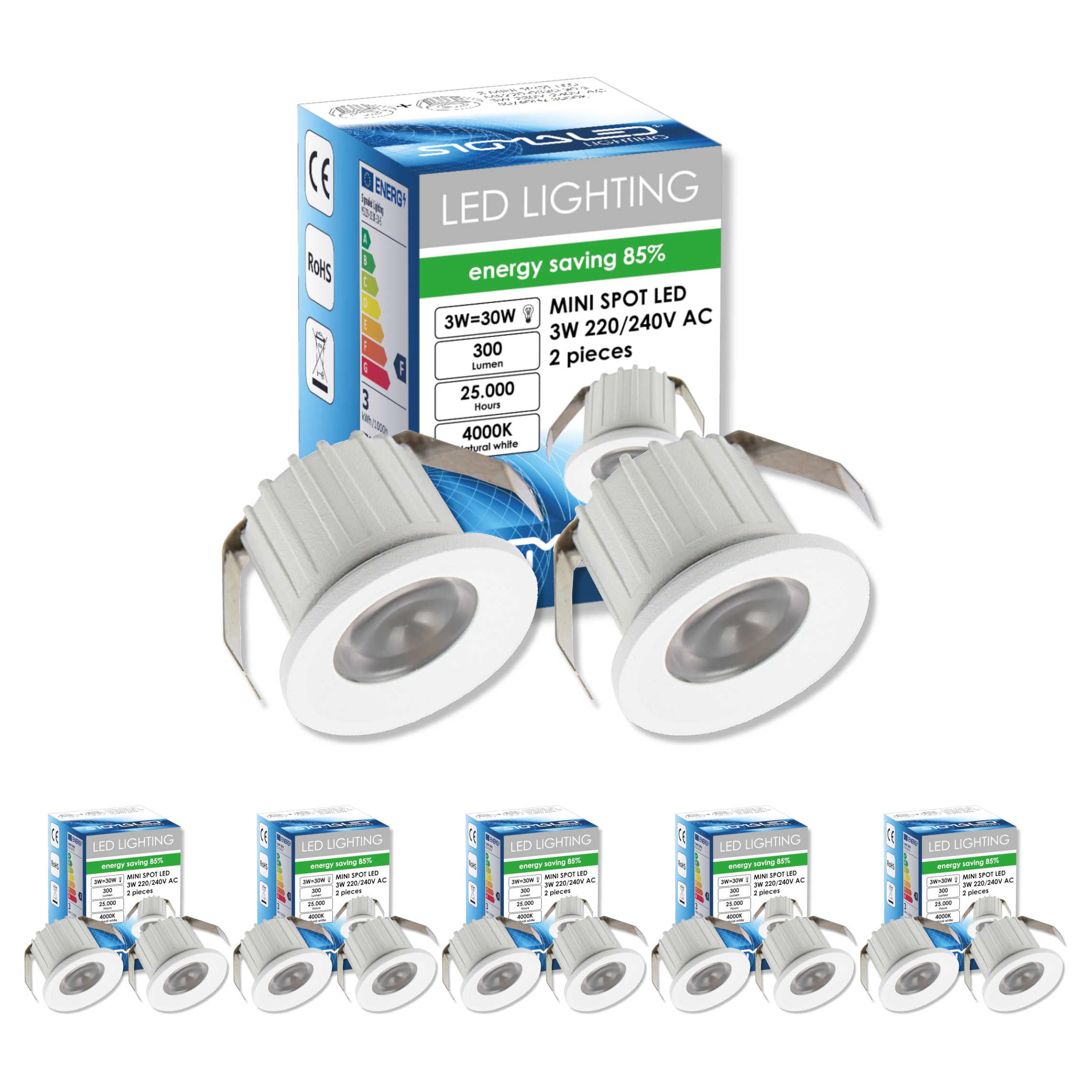 Sigmaled lighting, Mini Spot LED 3 W, Dimmable, 300 Lumens, Natural Light 4000 K, Round Recessed Spotlight, 220 V / 240 V AC Driver Not Required, 10 Spots