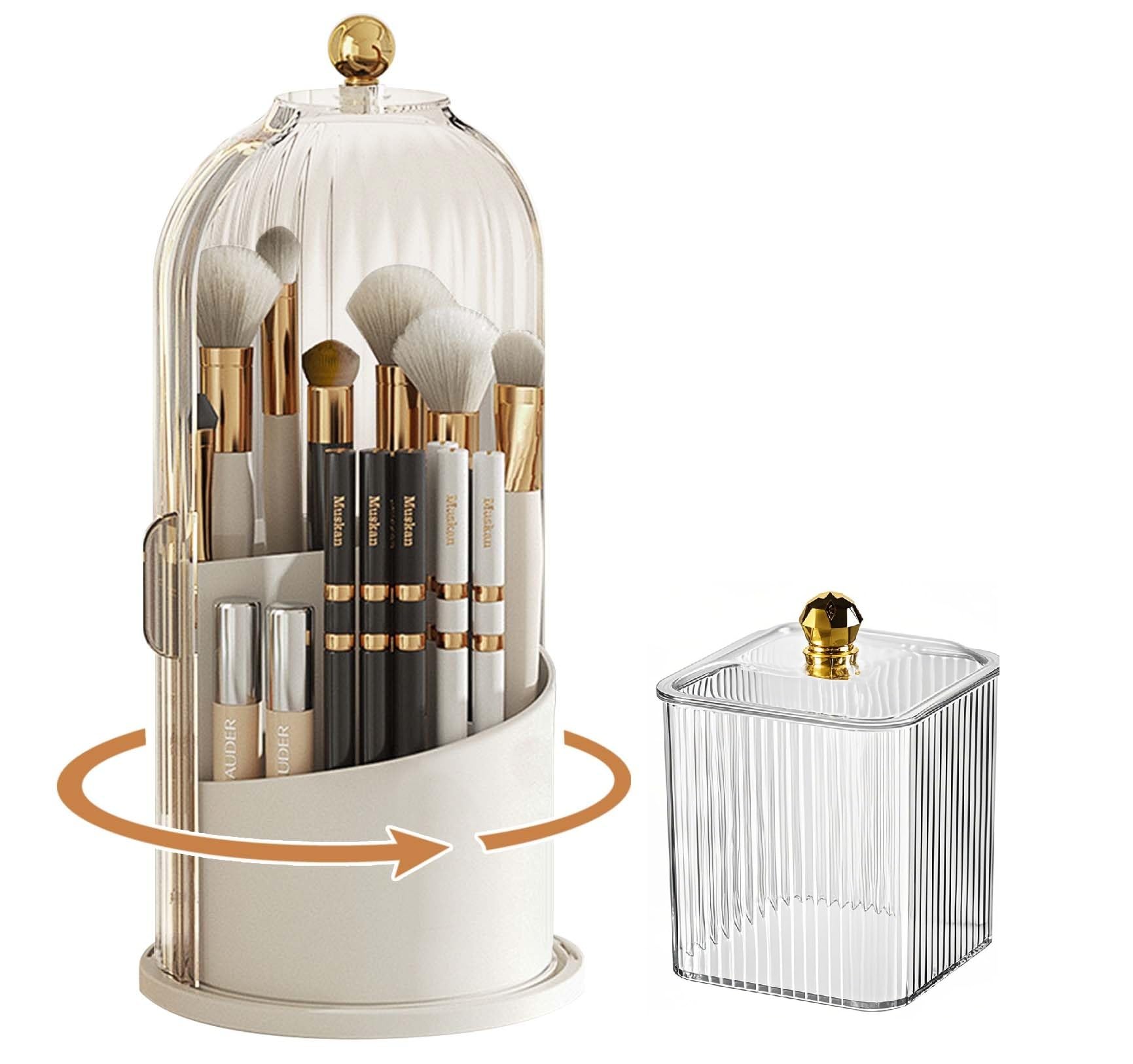 Photo 1 of Demarzily Makeup Brush Holder with Lid 360 Rotating,Clear Dustproof Make Up Organizers Cosmetics Display for Vanity Bathroom Countertop (White)