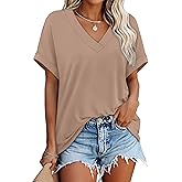 WIHOLL Womens Short Rolled Sleeve Shirts Oversized V Neck Tshirts Plus Size Summer Tops 2026 Dressy Casual Blouses S-4XL
