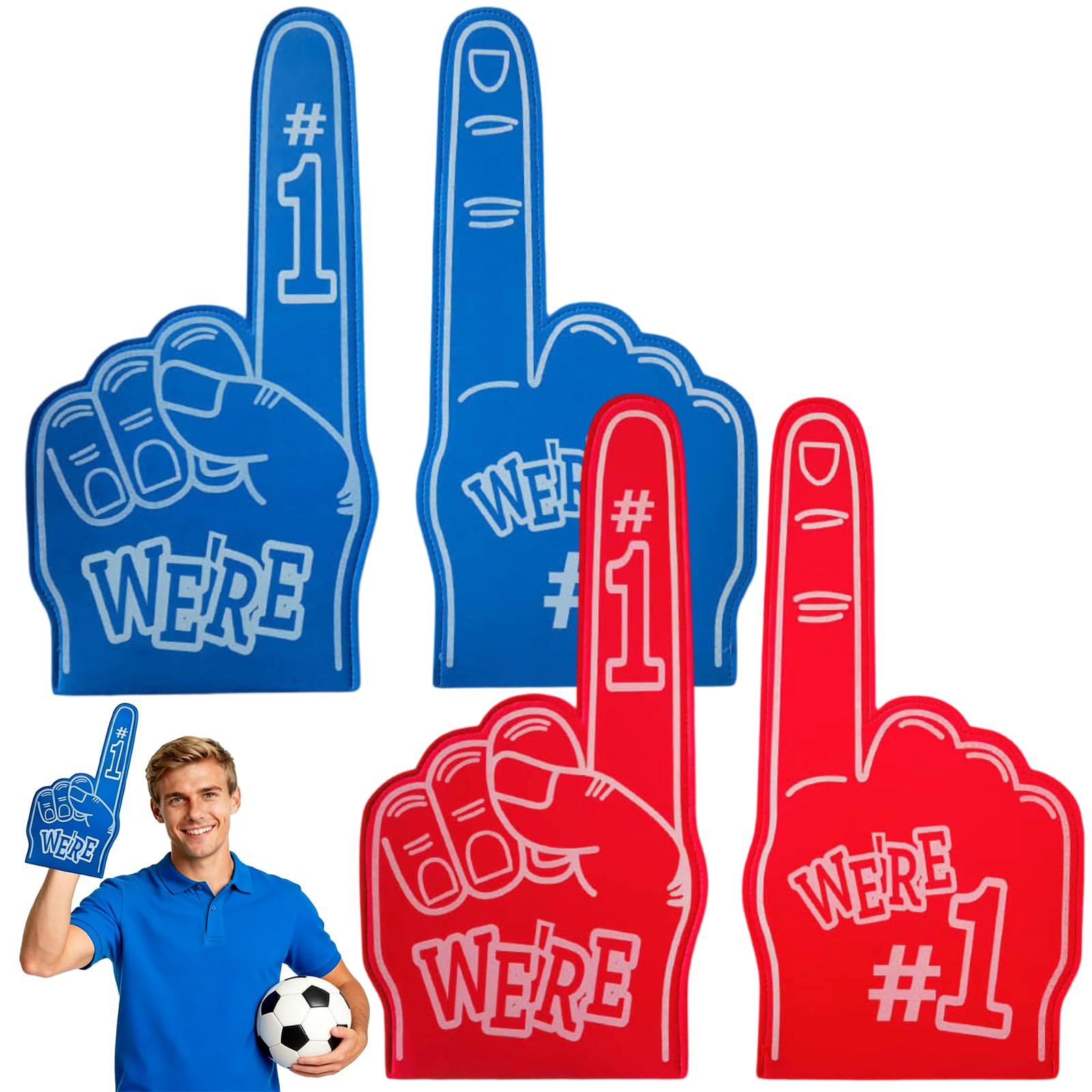 4 Pcs Giant Foam Finger Gladiators, Number 1 Giant Foam Hands, Party Props Sports Fan Accessories for Sports Games Team Spirit and Cheering Parties (Blue, Red)