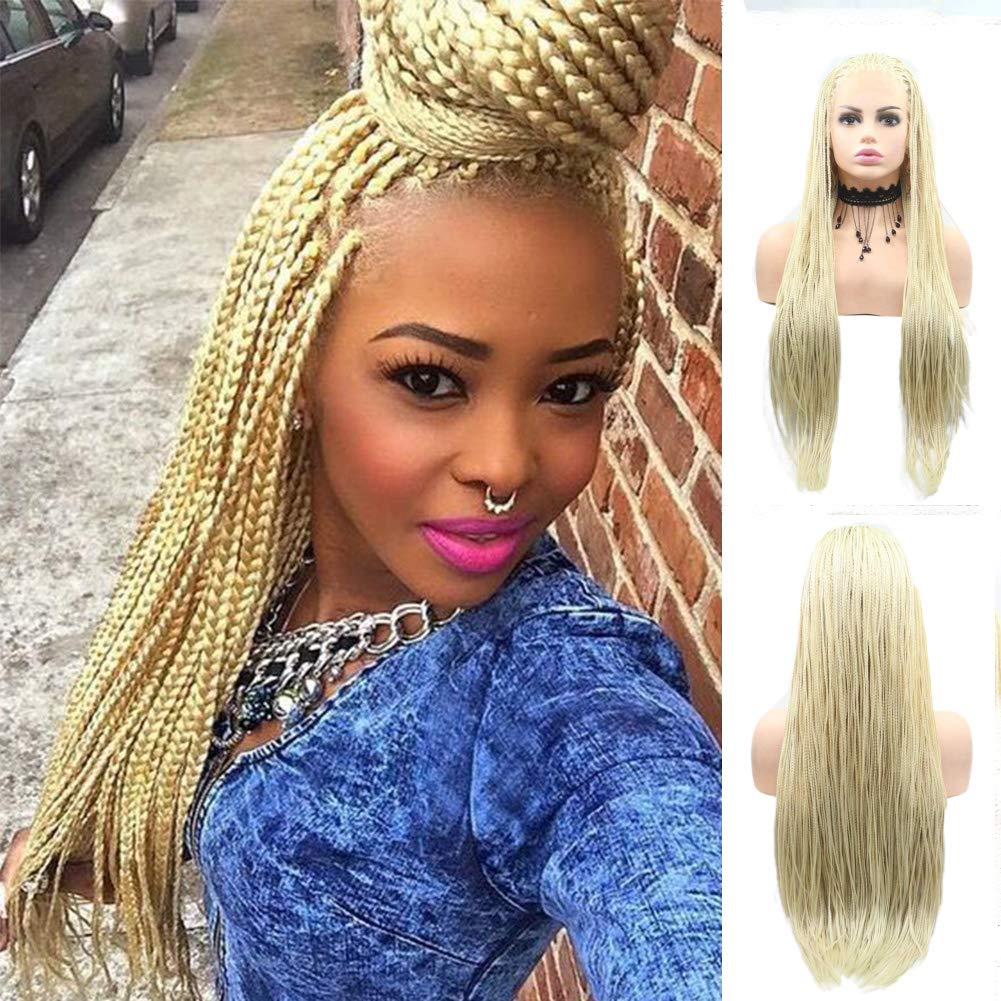 Box Braids Gold Blonde 613 Long Synthetic Hair Lace Front Wigs for Black Women Heat Resistant Fiber Replacement Braiding Wigs with Baby Hair Braided Cosplay Wig 28inches