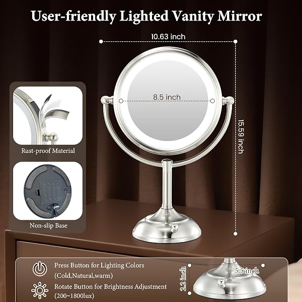 PROFESSIONAL 8.5″ LARGE LIGHTED MAKEUP MIRROR WITH BRIGHTER LIGHTS, 1X/10X TRUE HD MAGNIFYING MIRROR WITH 3 COLOR DIMMABLE LIGHTS, 90 SHADOWLESS LEDS, 360°SWIVEL SEAMLESS VANITY MIRROR, PEARL NICKEL