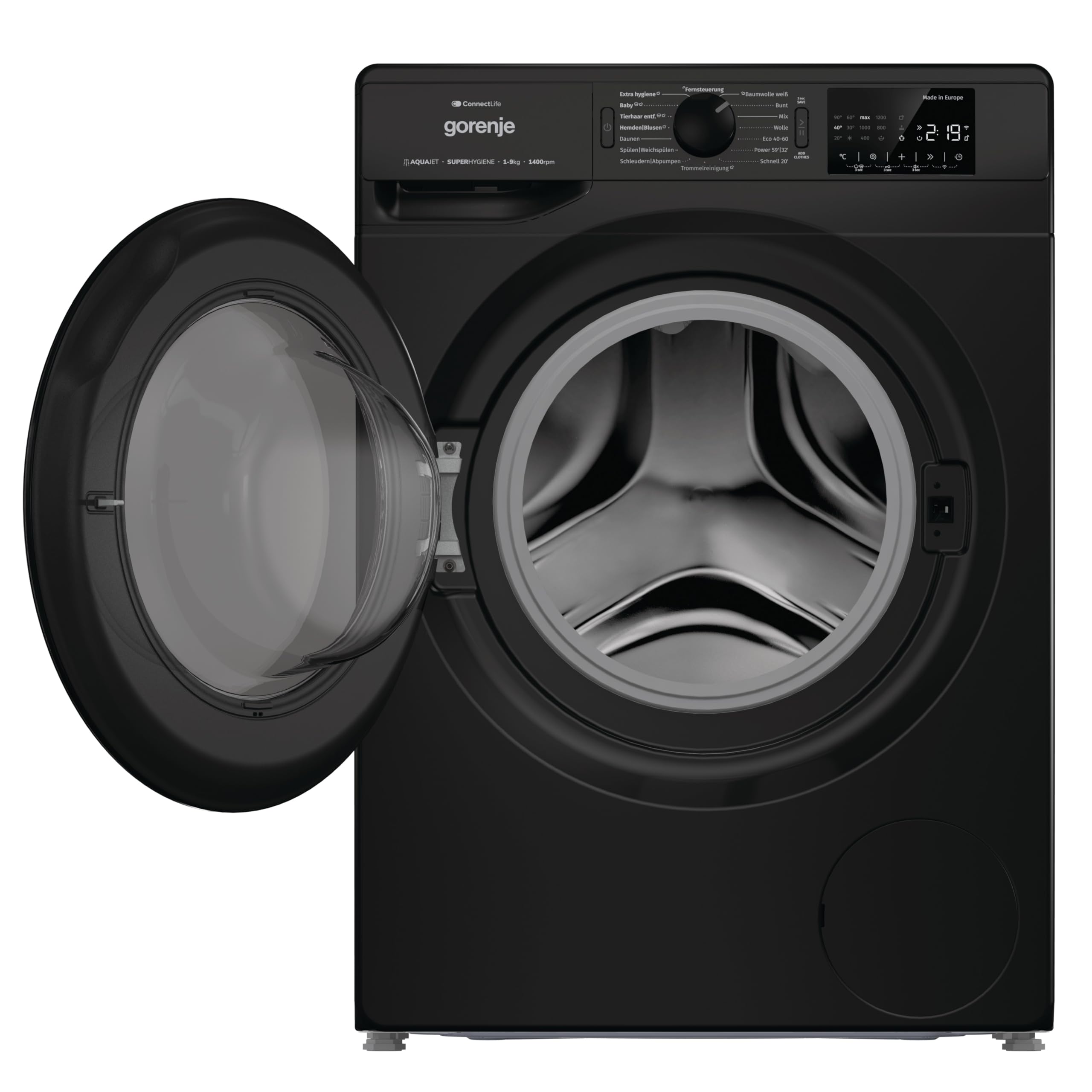 Gorenje WPNEI94A1DTSB Waschmaschine mit Dampffunktion/ConnectLife / 9Kg / 1400 U/min / 15 Programme/Totaler AquaStop/Wave Active Trommel/ExtraHygiene/PowerWash/Schnell Waschgang/EEK: A-10% 3