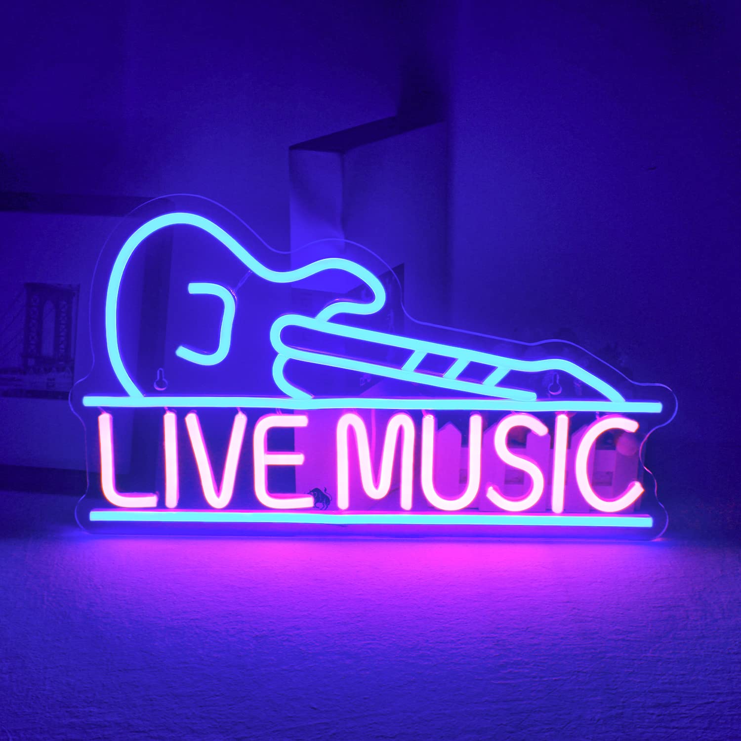 Live Music Neon Signs Blue Pink Music LED Neon Lights Letters Neon Sign Guitar Shaped Light up Sign for Bar Music Stadio Nightclub Party Wall Decor Gift for Boys Girls