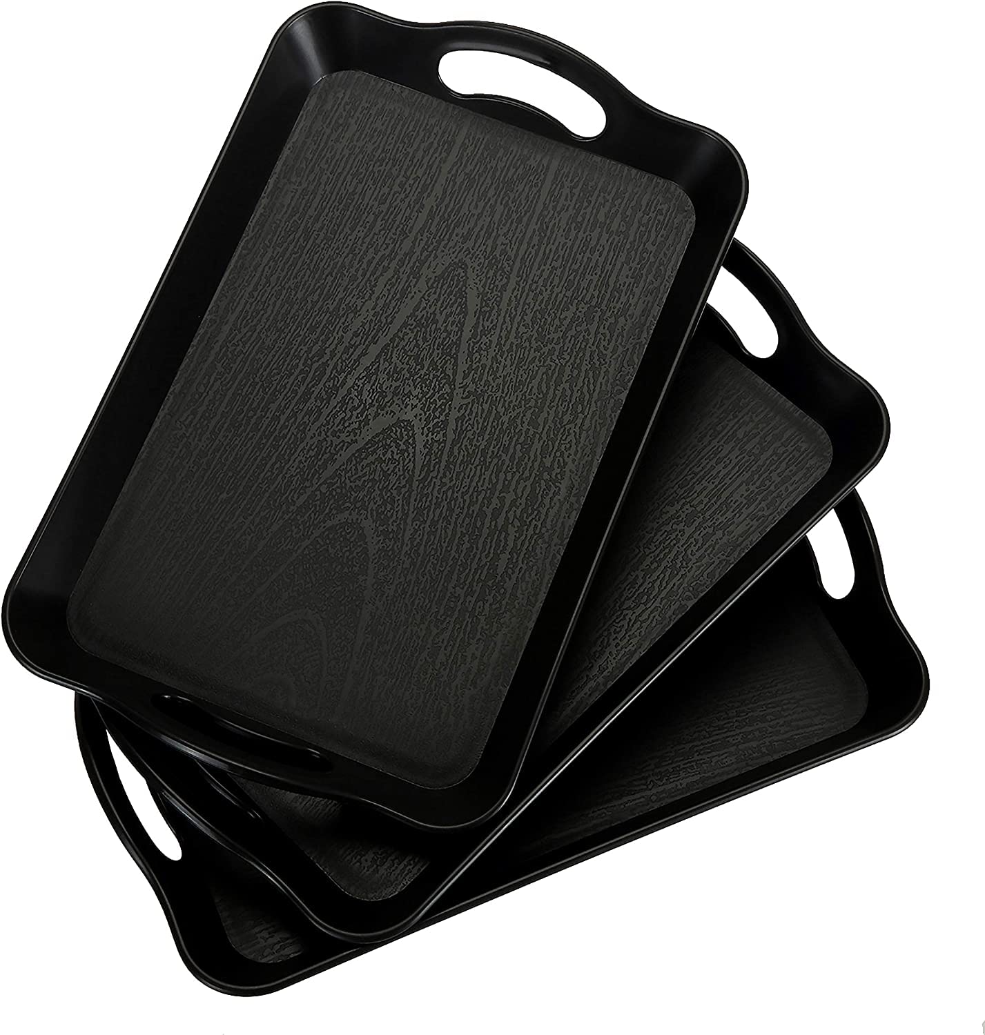 Jucoan 3 Pack Black Serving Trays with Handles,40.6 x 28 x 3cm Rectangular Non Skid Multi-Purpose Plastic Tray for Restaurant, Parties, Coffee Table, Kitchen