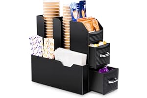 SZQINJI Coffee Condiment Organizer 11-Compartment Breakroom Coffee Station Organizer Countertop Cup Storage with 2 Drawers Black
