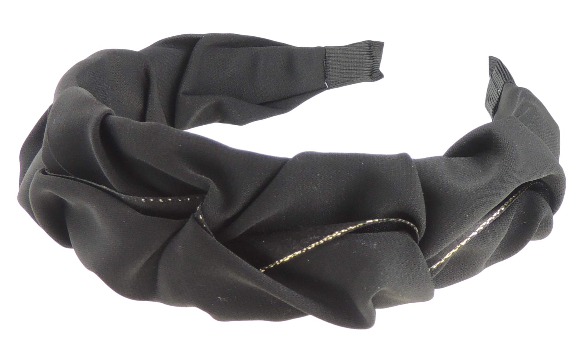 Womens Black Gold Trim Rouched Gathered Wide Covered Headband Winter Evening Wedding Party Birthday Bridal Christmas Birthday Bridesmaid Alice Band Hair Accessories Hairband Gift Idea (Black)