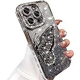 Changjia for iPhone 16 Pro Glitter 3D Butterfly Case,Cute Luxury Bling Sparkly Diamond Rhinestone Liquid Flowing Case with Camera Lens Protector Soft TPU Women Girls Case for iPhone 16 Pro 6.3",Silver