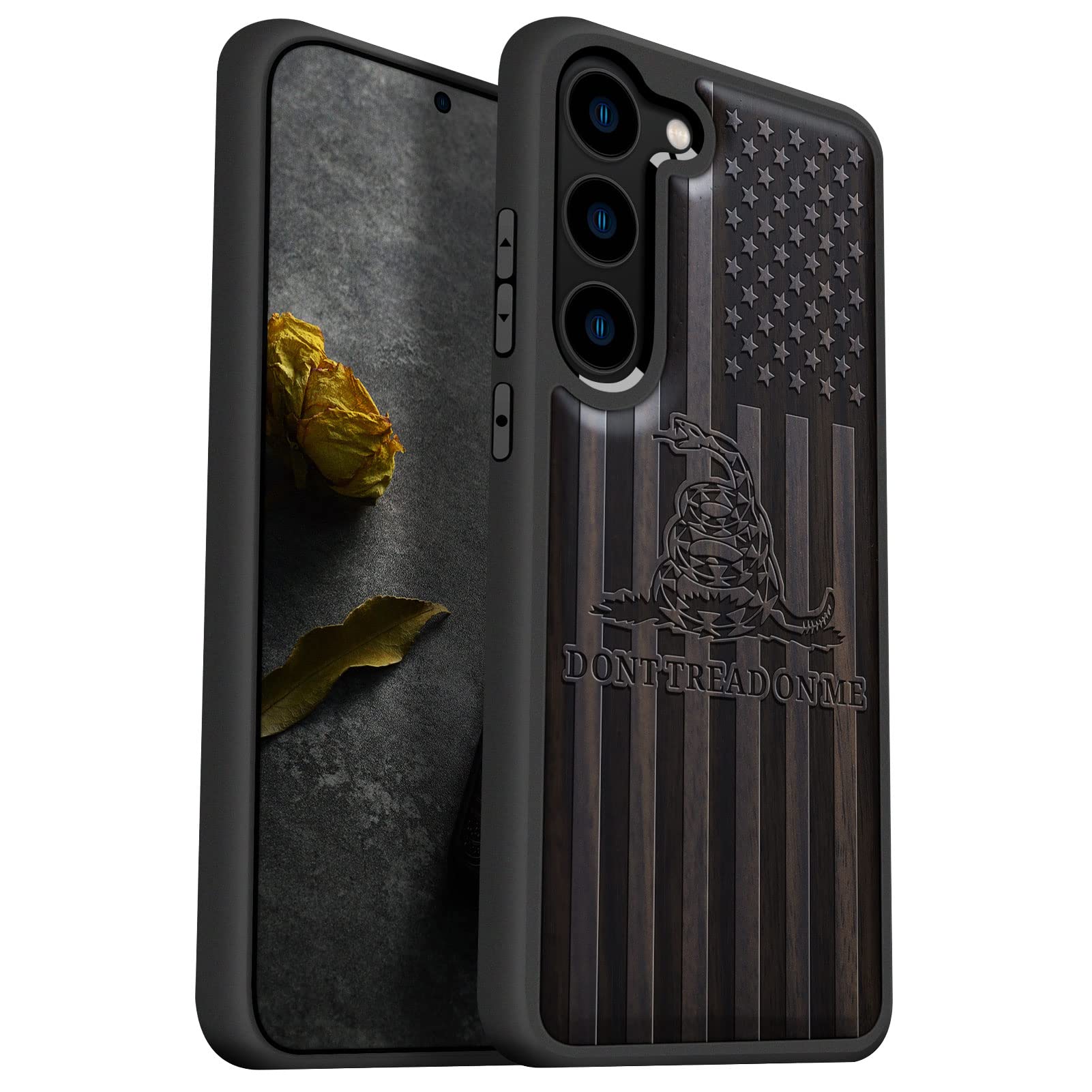 Photo 1 of Carveit for Galaxy S23 Wood Case Natural Wood Black Soft TPU Protective Cover Compatible with Samsung S23 Gadsden Flag-Blackwood | Shockproof, Unique, Classy, Wooden Design