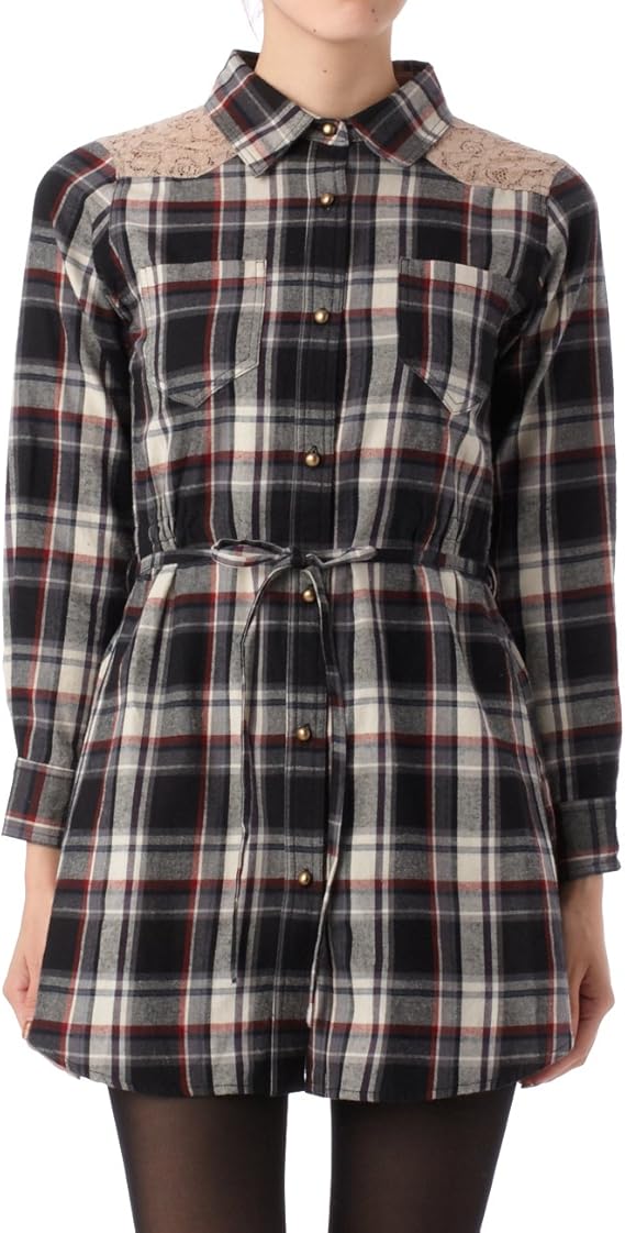 Amazon ザ ショップ ティーケー ミクスパイス The Shop Tk Mixpice レース切り替えチェックシャツワンピース ブラック 319 99 Free ワンピース チュニック 通販