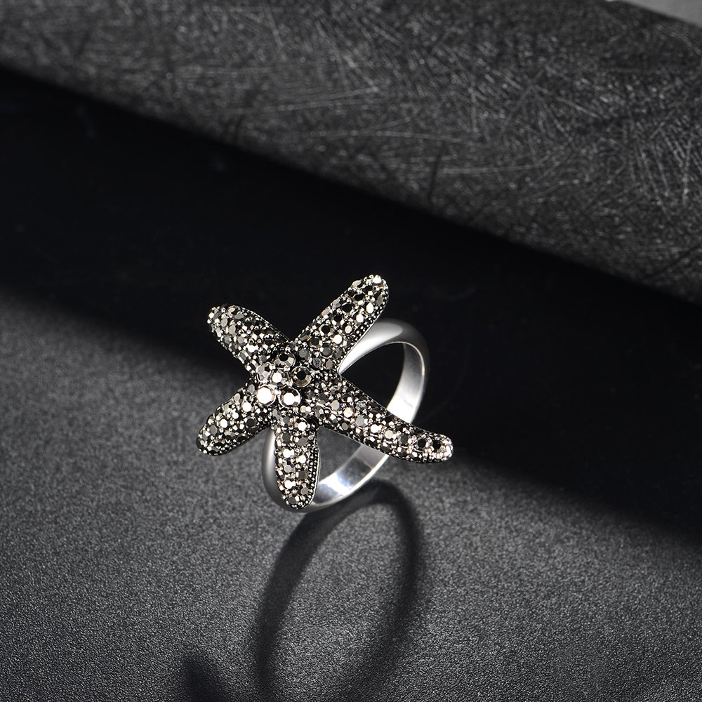 Dnswez Starfish Black Crystal Marcasite Fashion Statement Ring(10)