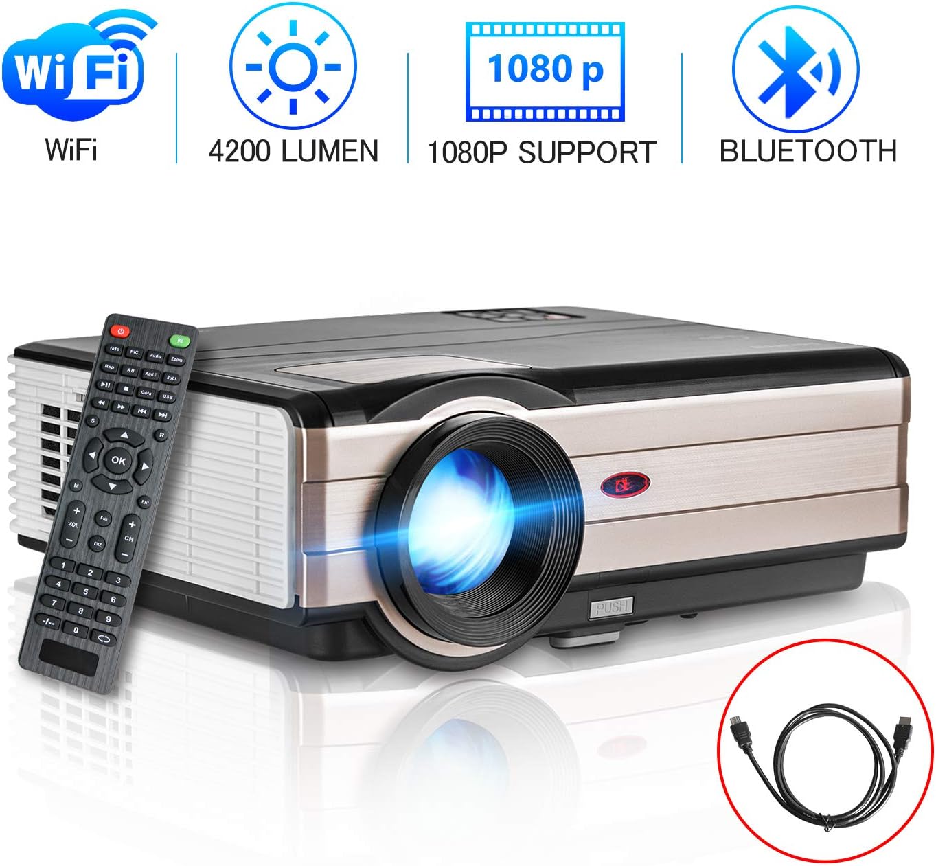 Smart LED Wifi HDMI Projector Movie Gaming TV 2020 Support 1080P Full HD Airplay Ceiling 4200 Lumens High Resolution Wireless Android HDMI USB Built In Speakers for Home Theater System Outdoor