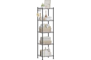 SONGMICS 5-Tier Bathroom Shelf, Storage Rack for Small Space, with 5 PP Shelf Liners, Removable Hook, Extendable Design, Ink Black and Translucent ULGR23BK