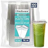 Freshware 24 oz Clear Disposable Plastic Cups with Strawless Sip Lids, 100 Pack Clear Plastic Tumblers, Heavy-duty Party Glasses, Disposable Cups for Thanksgiving, Halloween, Christmas Party