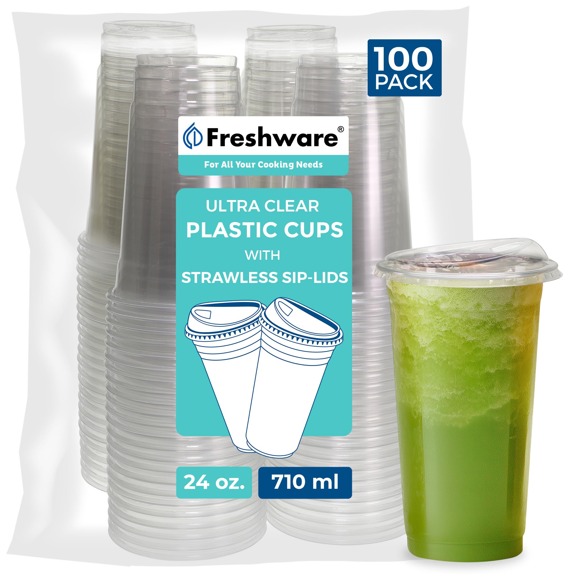 Photo 1 of Freshware 24 oz Clear Disposable Plastic Cups with Strawless Sip Lids, 100 Pack Clear Plastic Tumblers, Heavy-duty Party Glasses, Disposable Cups for Thanksgiving, Halloween, Christmas Party