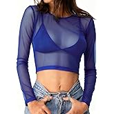 ADOME Mesh Crop Top Sheer Tops for Women See Through Shirt Long Sleeve Basic Crop Top S-4XL