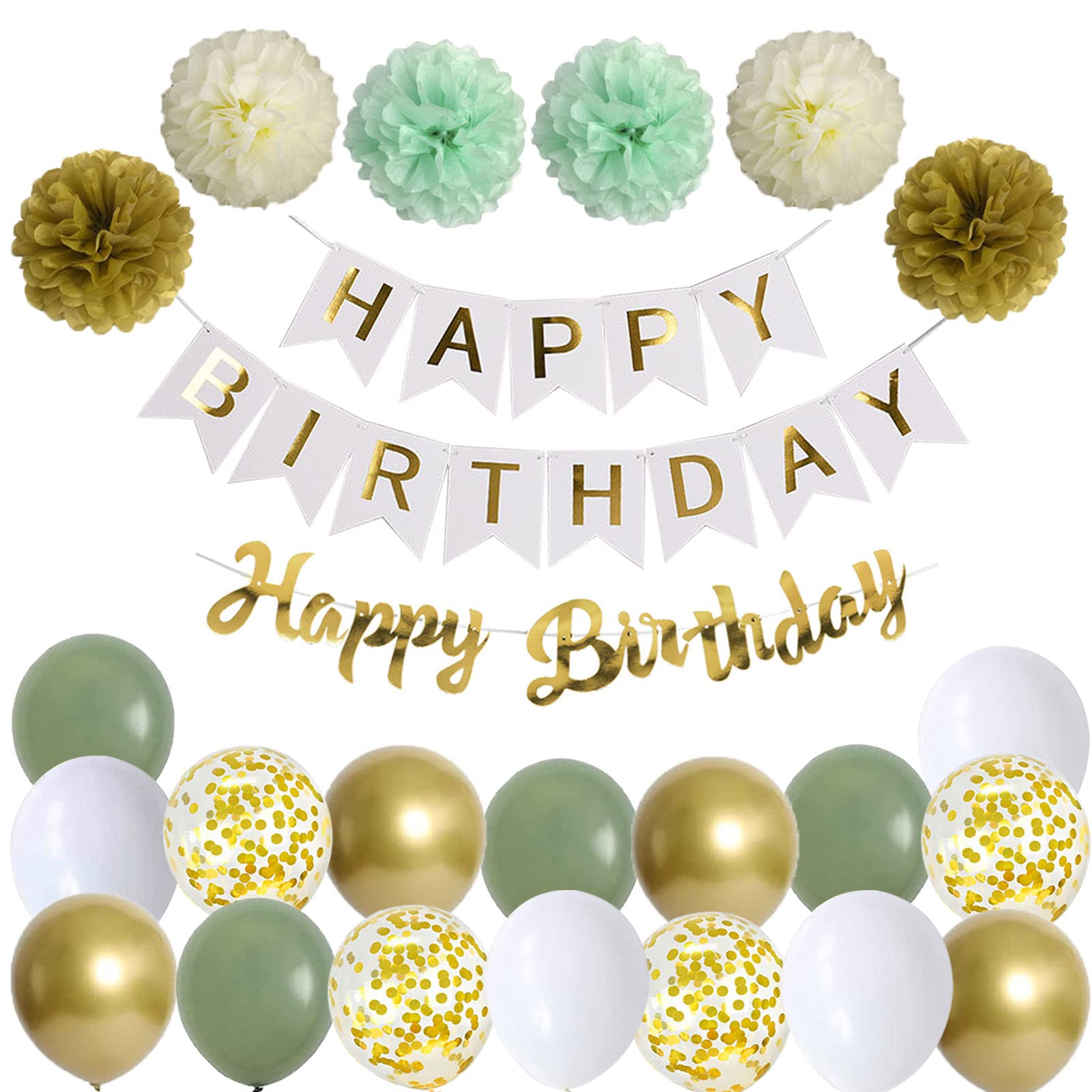 Green Gold Happy Birthday Decorations for Her Sage White Gold Balloons 6 Pompoms Women Girls Party Decor