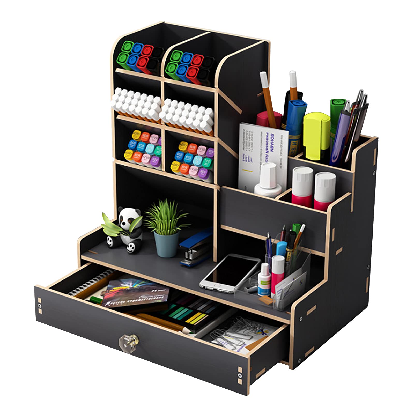 Hggzeg Wooden Desk Organiser DIY Desktop Tidy Pen Holder Large Capacity Stationery Storage Box with Drawer for Home, Office and School (B17 Black)