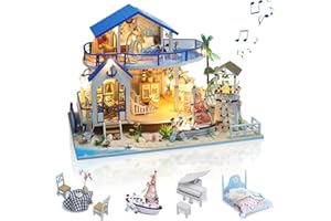 GuDoQi DIY Miniature Dollhouse Kit, Miniature House Kit 1:24 Scale,Tiny House kit with Music and Furniture Kit, Great Gift for Birthday Easter, Blue Sea Legend