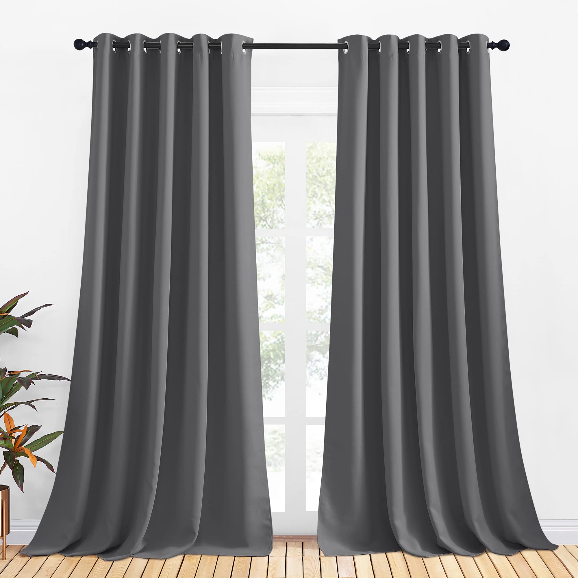 NICETOWN Grey Blackout Curtain Panels for Bedroom, Thermal Insulated Grommet Top Blackout Draperies and Drapes for Basement (2 Panels, W70 x L95-inch, Grey) Image