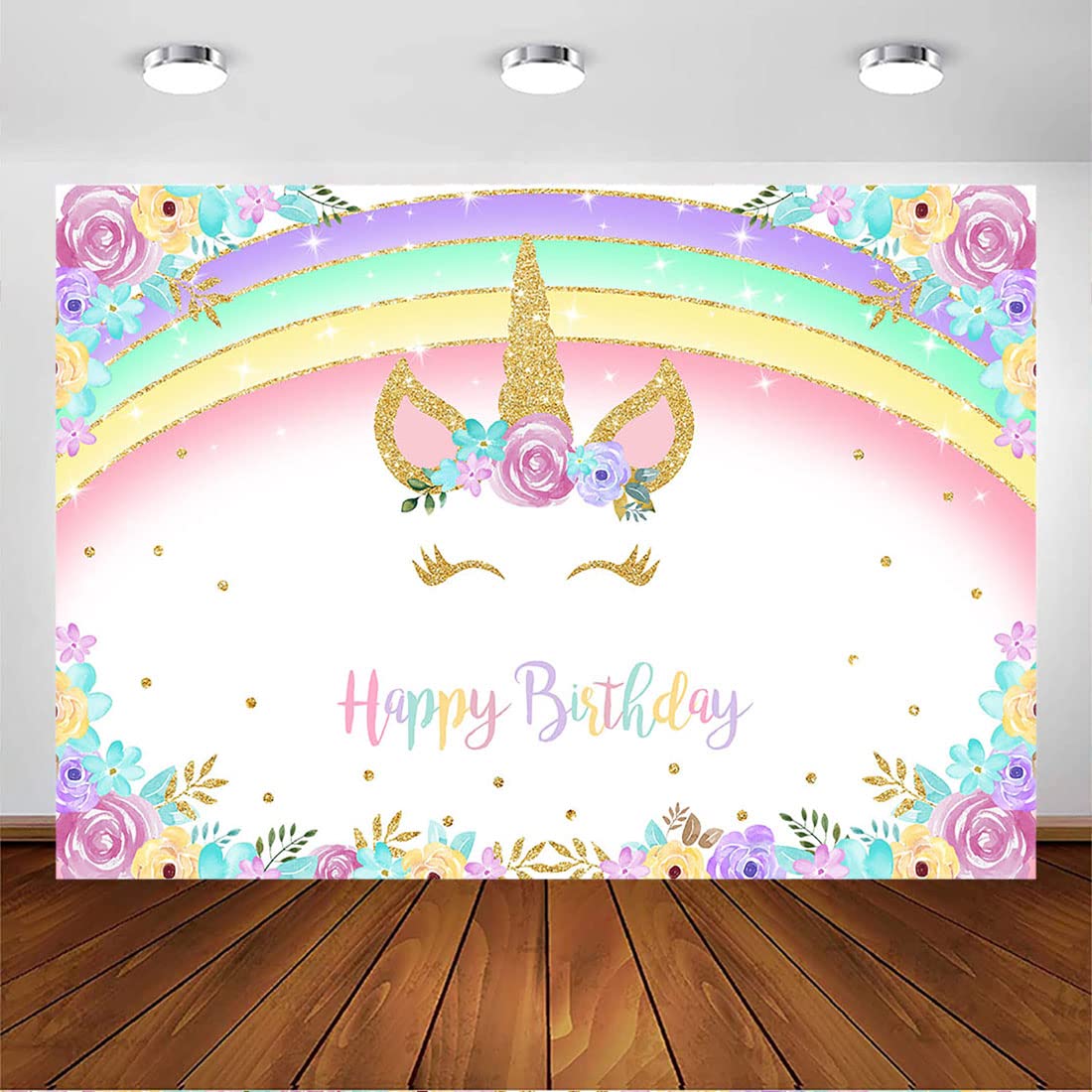 Avezano Unicorn Birthday Backdrop Happy Birthday Backdrop Glitter Rainbow Unicorn Floral Party Photography Background Unicorn Girls Princess 1st Bday Party Banner Supplies (7x5ft)