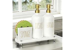 Cisily Kitchen Soap Dispenser Set Comes with Ceramics Sponge Holder, Gold Pumps, and Instant Dry Tray, Hand and Dish Soap Dis