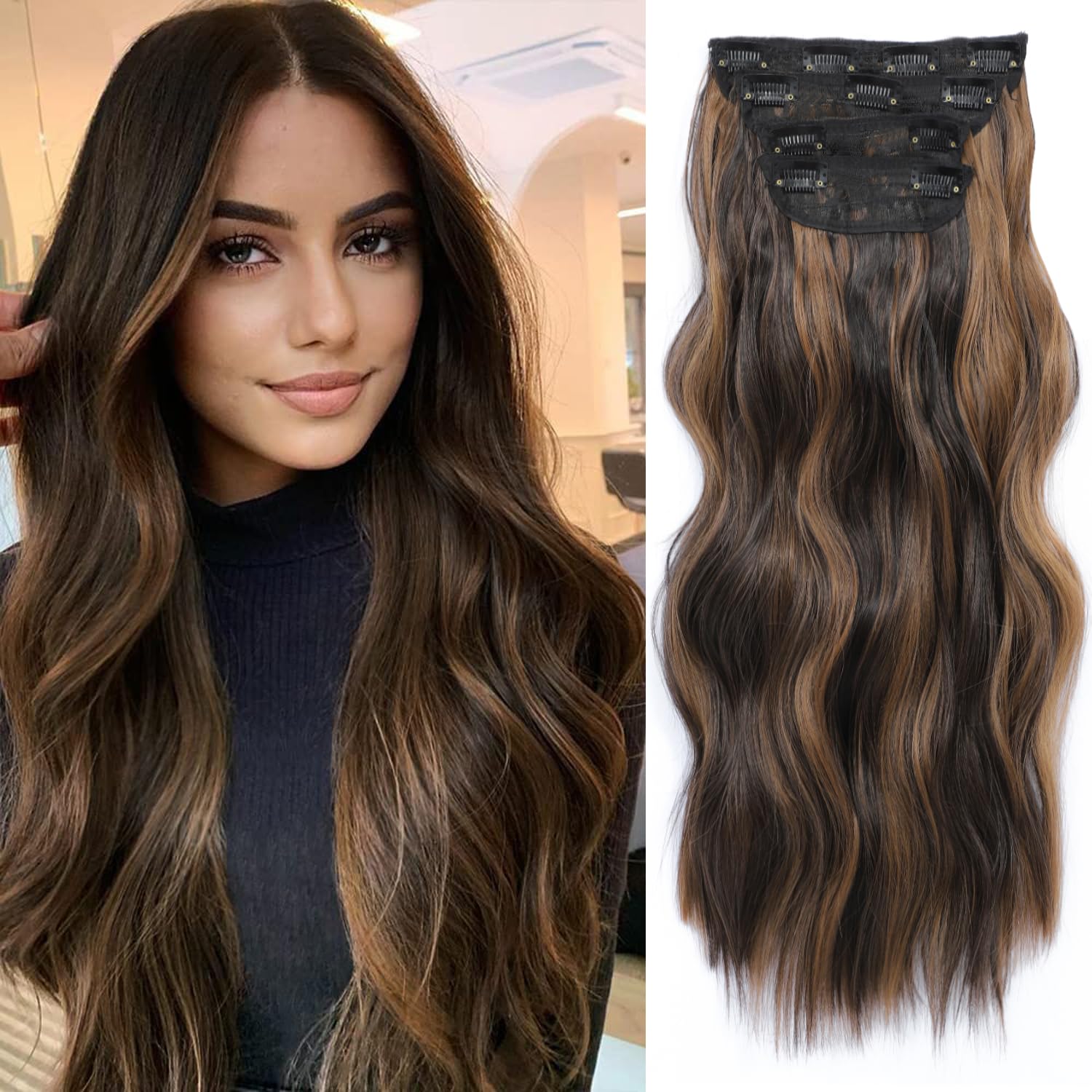 20inch Hair Extensions Clip in 4Pcs Curly Full Head Synthetic Hair Extension Wavy hair Pieces for Women (20Inch, Dark Brown with Auburn Brown highlights) โ image 1