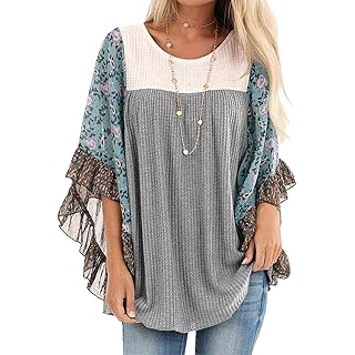 CASURESS Womens Floral Printed 3 4 Sleeve Shirt Batwing Loose Tops Blouses Pullover