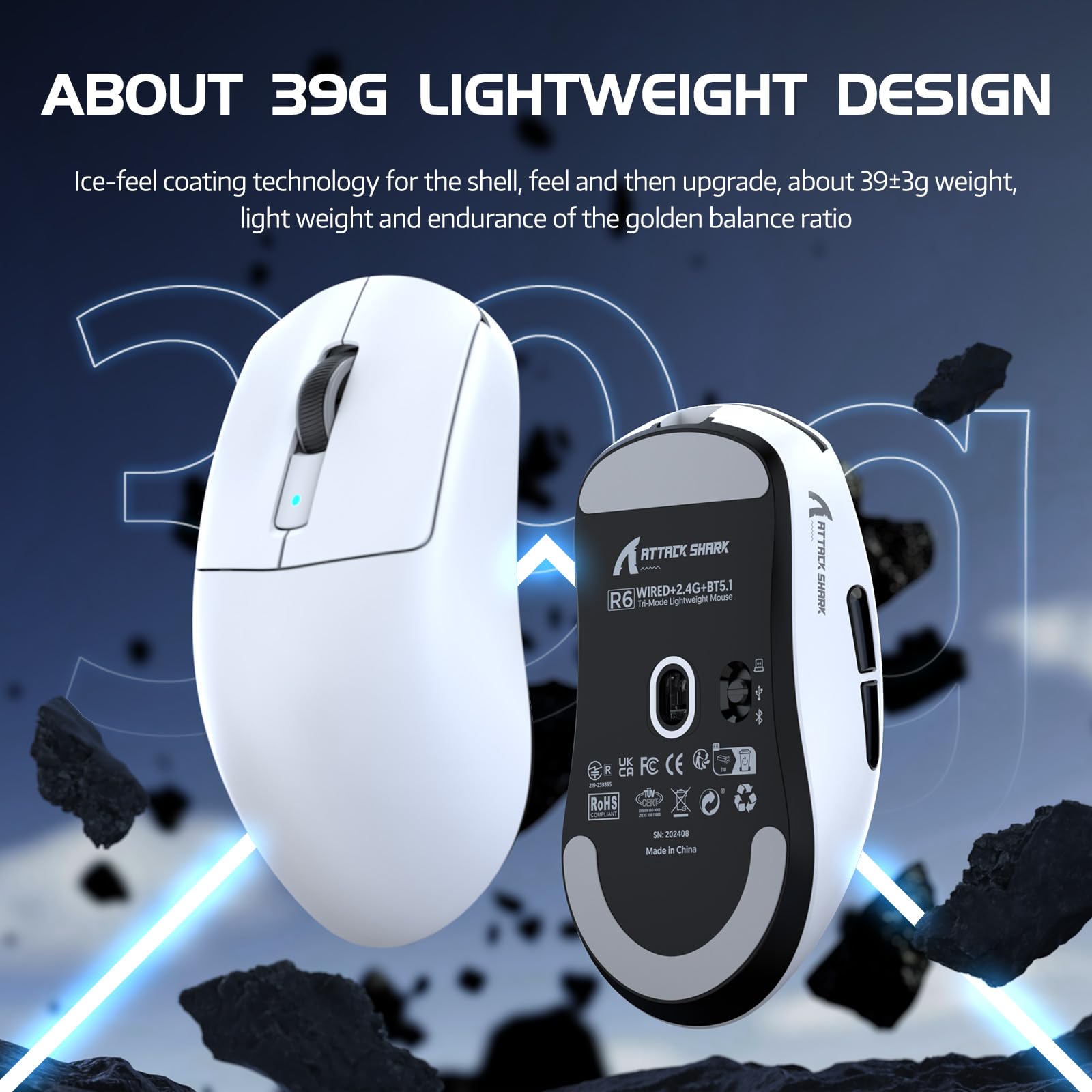 ATTACK SHARK R6 Gaming Mouse Wireless 2.4Ghz/Bluetooth/Type-C, PAW3950Max, 8K Polling Rate, 50 to 42,000 DPl Adjustable, Nordic 52480, 39g Super-lightweight Optical Mouse, for PC/Mac/Linux/Xbox-White
