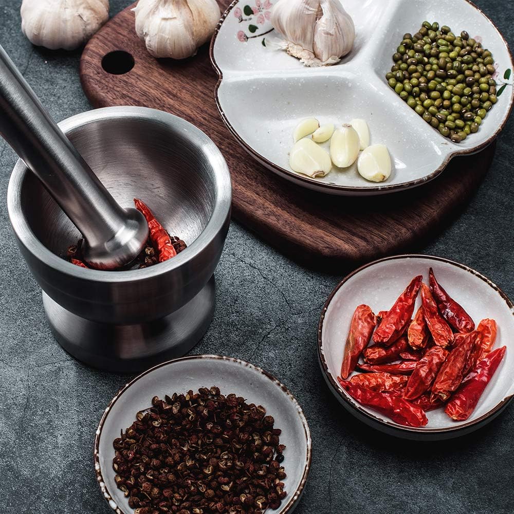Tera 18/8 Stainless Steel Mortar and Pestle with Brush, Pill Crusher, Spice Grinder, Herb Bowl, Pesto Powder: Kitchen & Dining