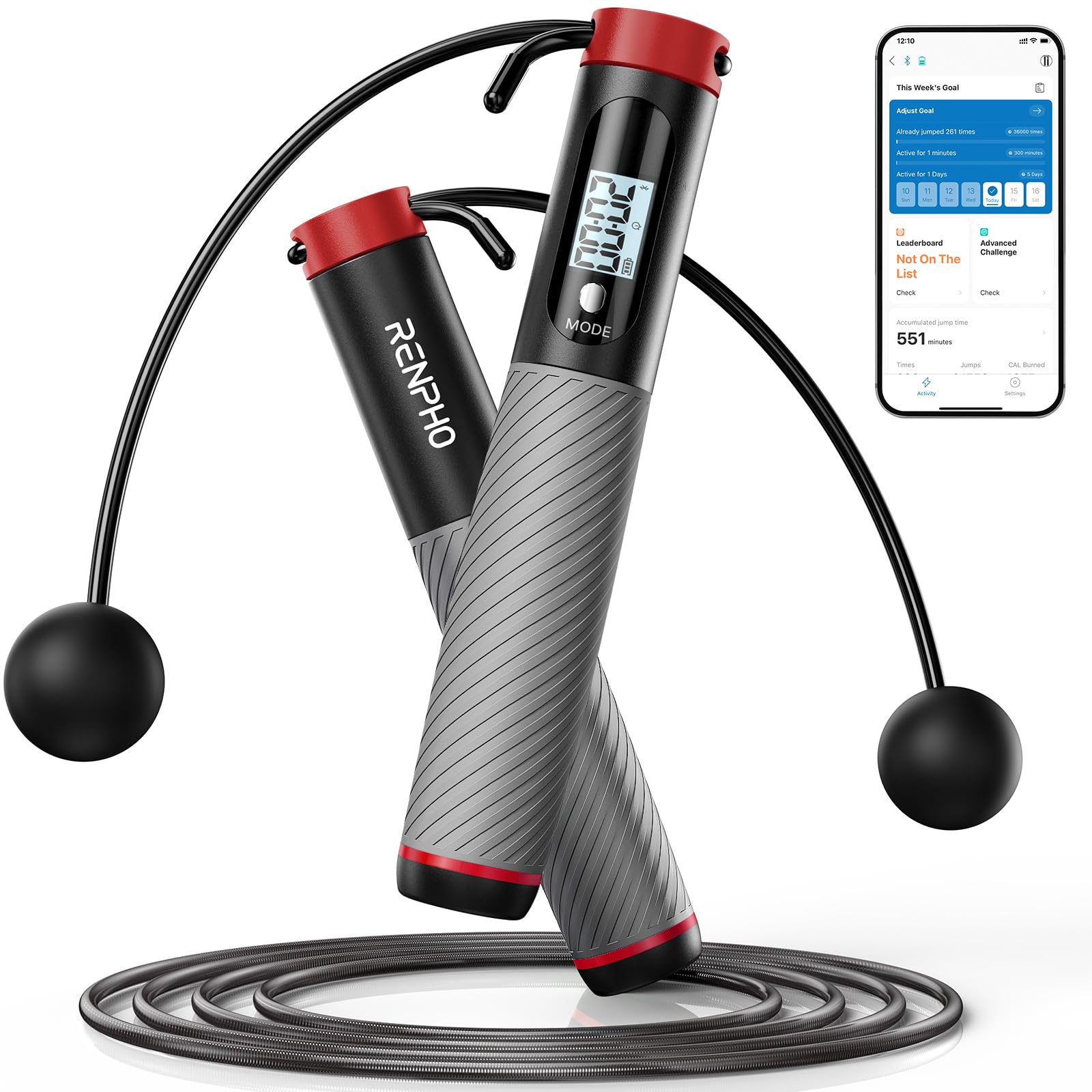 Photo 1 of RENPHO Smart Skipping Rope with Counter, Adjustable Jump Ropes for Fitness, Skip Rope with APP Data Analysis, Workout Equipment for Women Men Adult Kids, Burn Calories, Gym, MMA, Grey