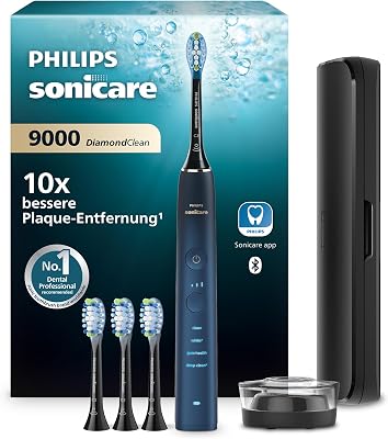 Sonicare DiamondClean elektrische Zahnbürste der 9000er Serie – Schallzahnbürste, sauberere Zähne und Mundpflege mit 4x C3 Premium Plaque Defense-Bürstenköpfen, Aquamarine (Modell HX9911/89)