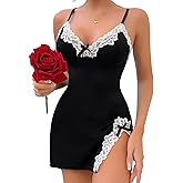 Girece Lingerie for Women Sexy Night Gowns Lace Trim Sleep Dress V Neck Babydoll Chemise Dress Side Split Nighty