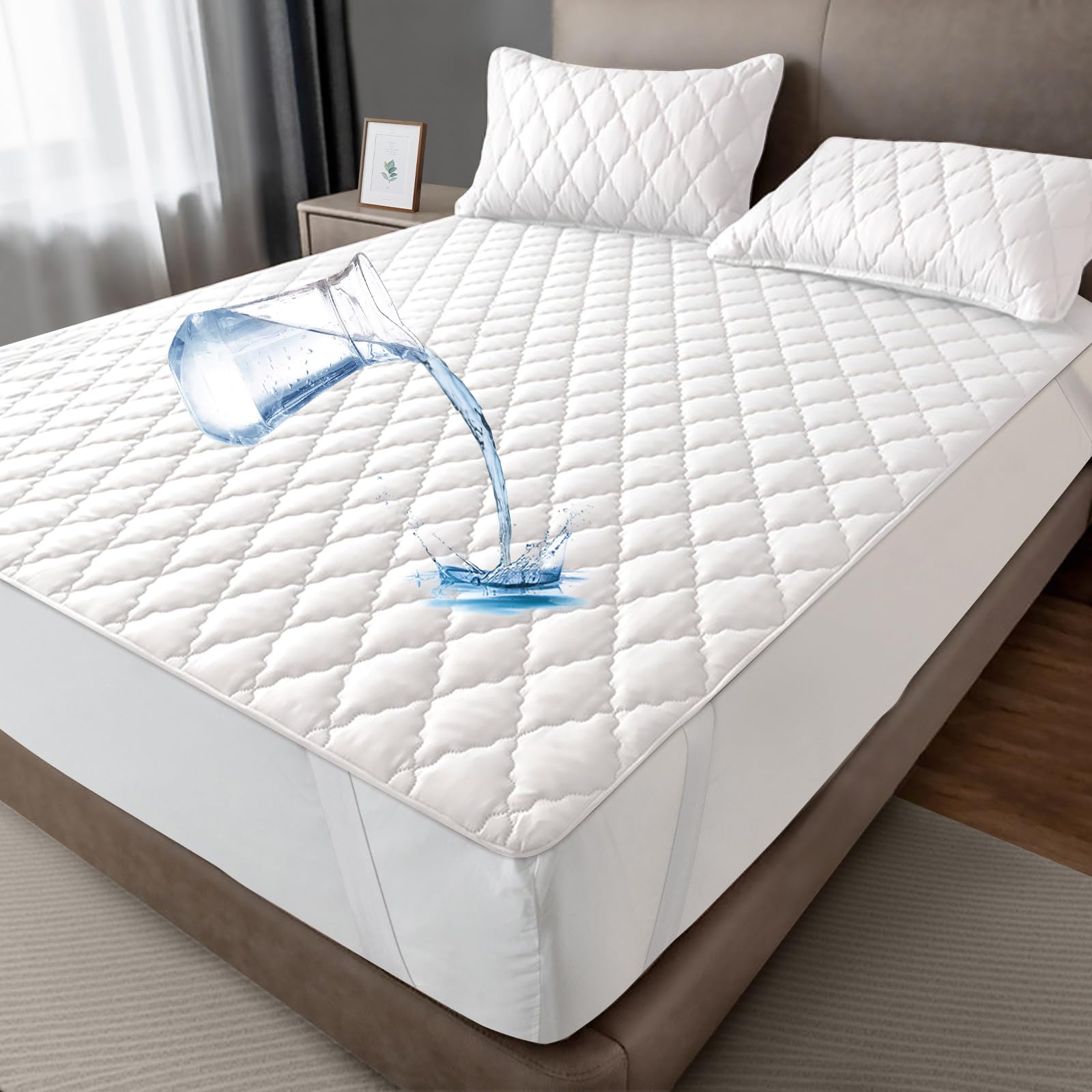 mafudoxi Waterproof Mattress Protector 200 x 200 cm, Breathable Mattress Topper, Microfibre Mattress Cover, Waterproof Mattress Protector, Incontinence Underlay, Washable, White