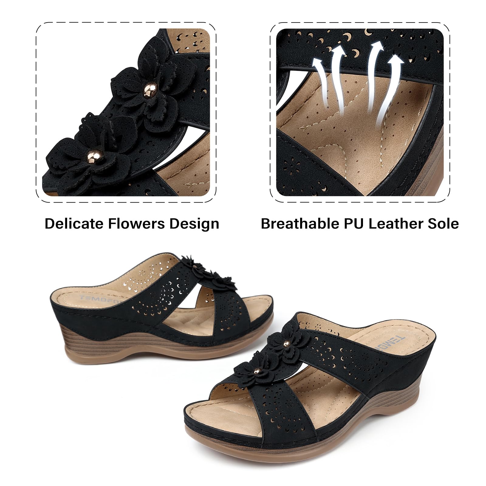 TEMOFON Womens Wedge Sandals Leather: Dressy Sandal, Rubber Sole, Comfortable Walking, Casual Slip on Summer Shoes, Size 5-11