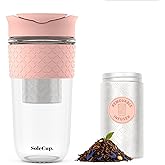 SoleCup. Large Travel Mug Loose Tea Infuser - Detachable Tea Strainer with Spill Proof Lid - 18oz/530ml BPA-Free Reusable Glass Travel Coffee Cup with Silicone Band (Pink, 18oz)