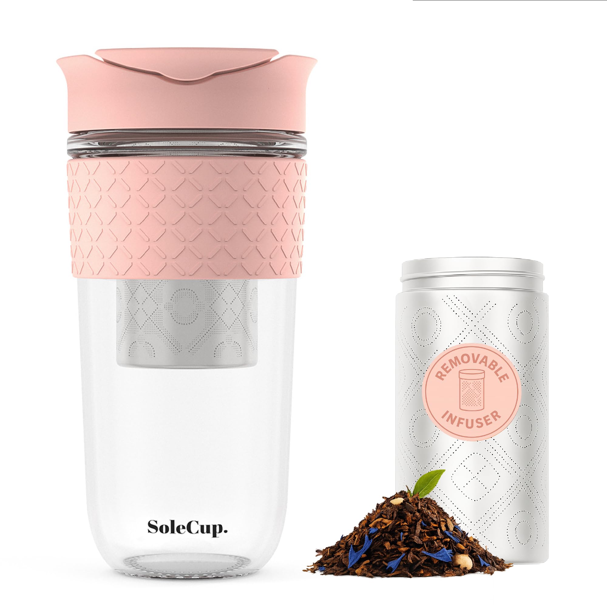SoleCup. Travel Mug Loose Tea Infuser - Detachable Tea Strainer with Spill Proof Lid - 18oz/530ml BPA-Free Reusable Glass Travel Coffee Cup with Silicone Band (Pink, 530ml / 18oz)
