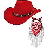 Cowboy Hat with Fringed Bandana Set for Women Wide Brim Western Cowgirl Hat Paisley Head Wrap Scarf