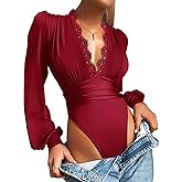 LYANER Women's Lace Trim V Neck Puff Long Sleeve Leotard Bodysuit Tops