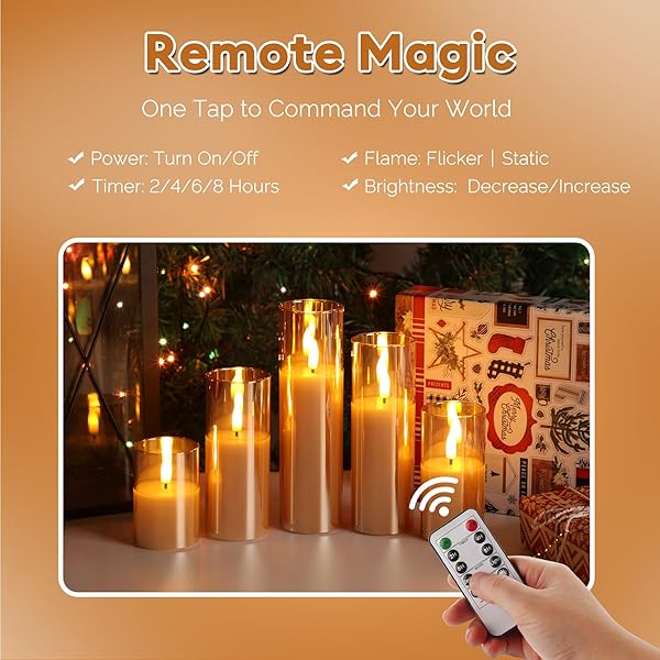 GIRIMAX GOLD GLASS FLAMELESS CANDLES WITH REMOTE BATTERIES, FLICKERING SLIM LED PILLAR CANDLES HOME TABLE DECOR SET OF 5