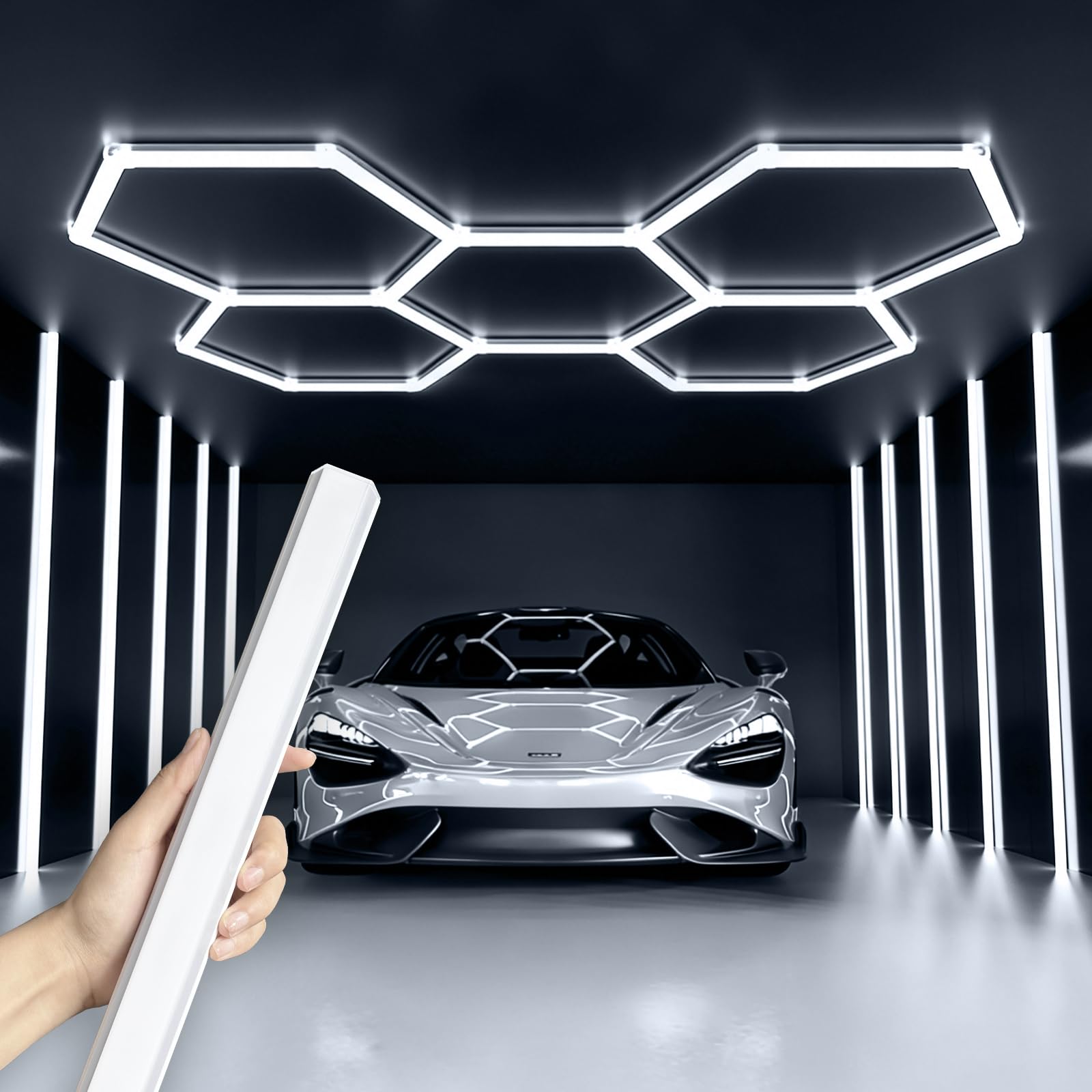 Photo 1 of Updated Bigger Size 5 Grid Hexagon Garage LED Lights with Widen 1.33IN Illuminated Surface, 25 Pack, 26400LM Led Lights System for Garage, Basement,Warehouse (White Edge)Patent No.US0D1109406S