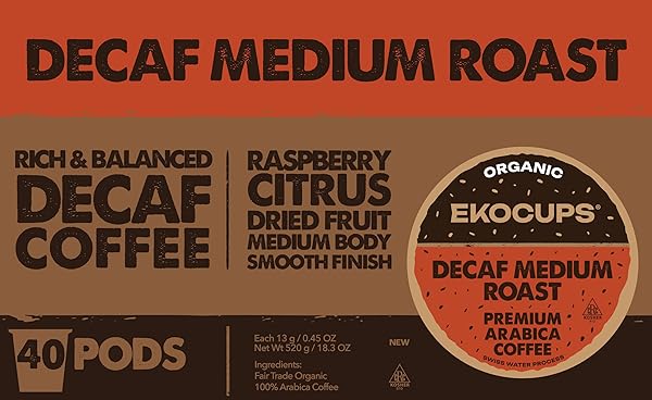 EKOCUPS ORGANIC SWISS WATER DECAF FRENCH ROAST COFFEE PODS, EXTRA 30% MORE COFFEE PER CUP, ARTISAN FAIR TRADE DARK ROAST, FOR KEURIG K CUP MACHINES, RECYCLABLE PODS, 40 COUNT