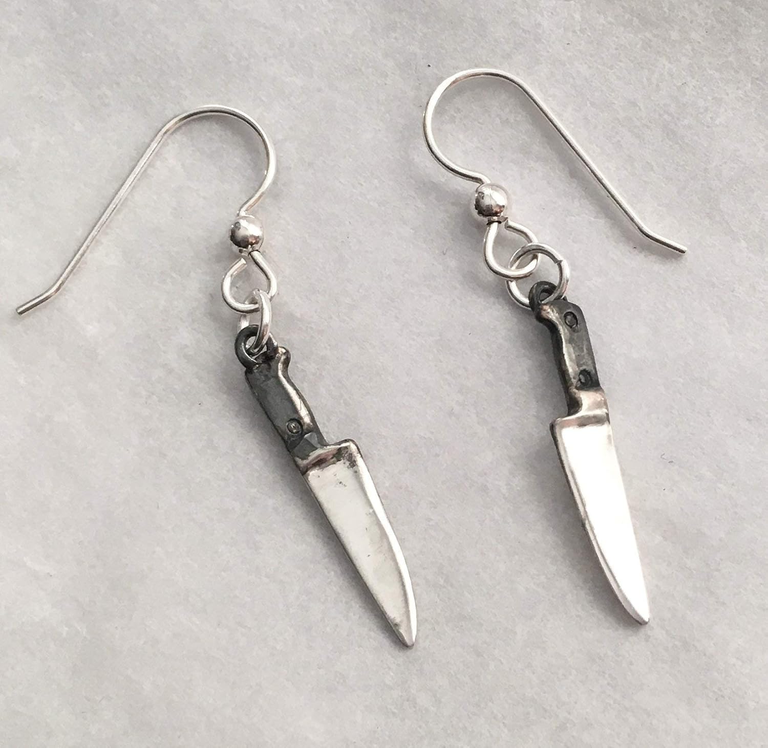 Chef Knife Dangle Earrings in Sterling Silver with Oxidized