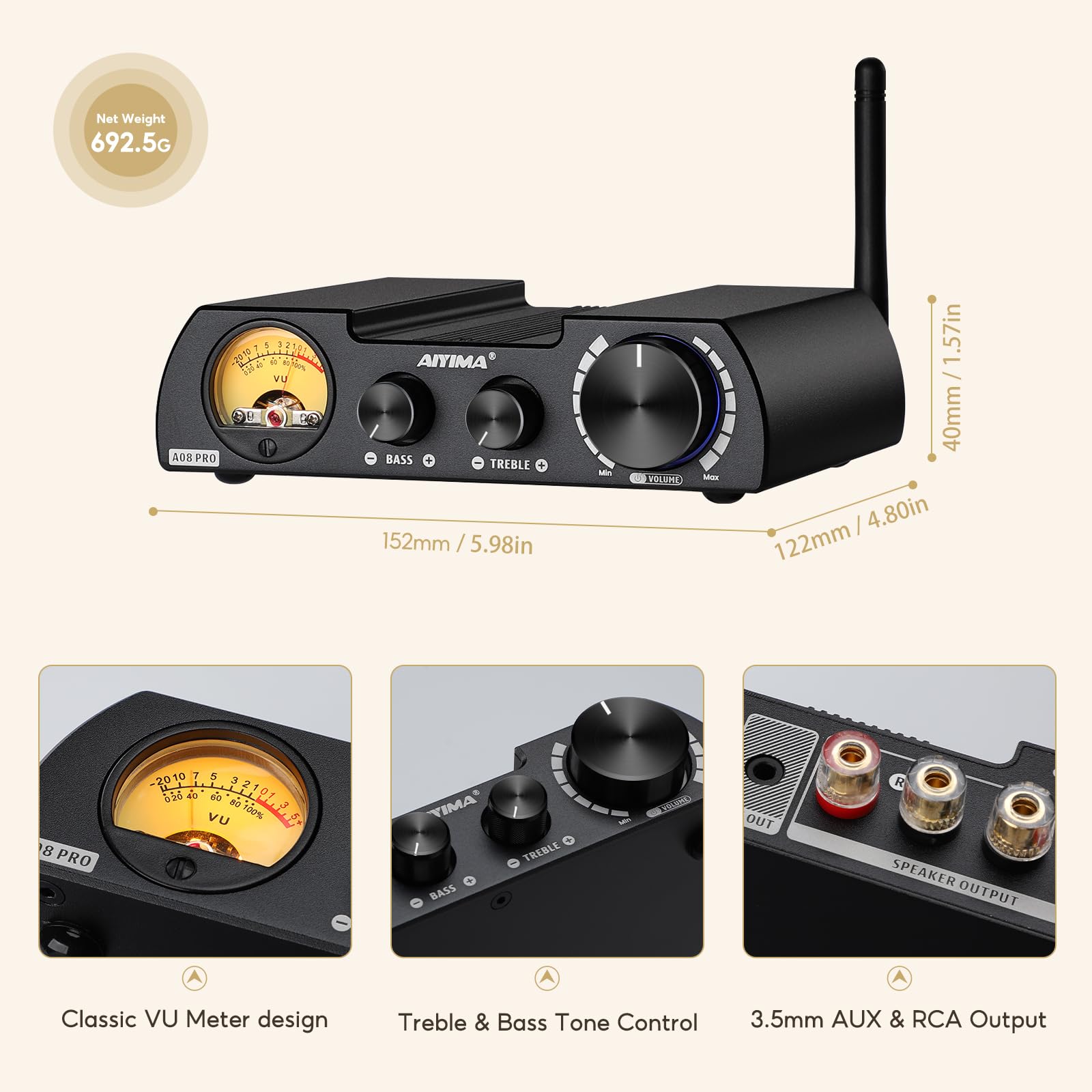 AIYIMA A08 PRO TPA3255 Power Amplifier Bluetooth 5.1 with VU Meter 300W+300W HiFi Class D Stereo Digital Audio Amp 2.0 Channel Amplifier for Passive Speaker Home Audio