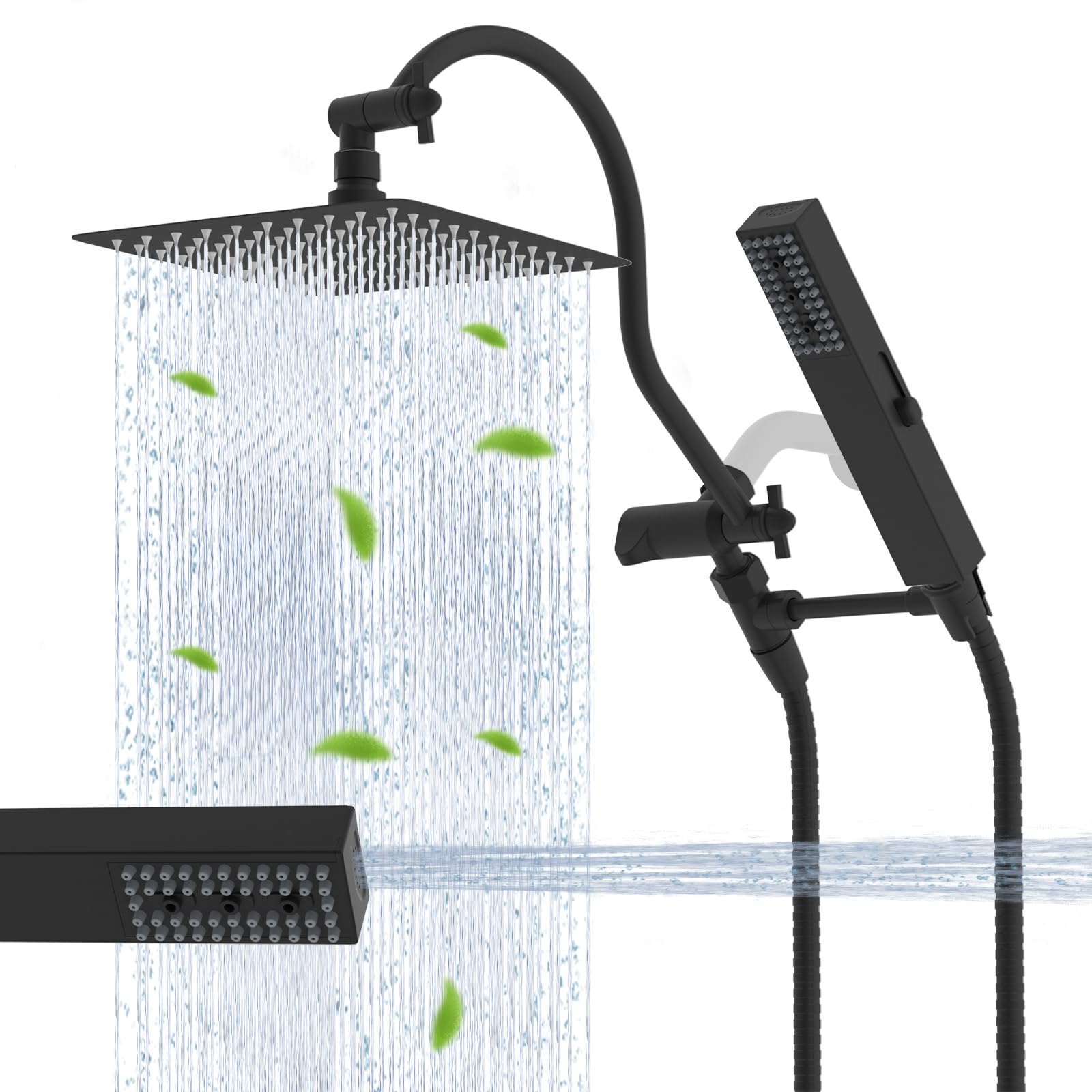 Photo 1 of Hibbent All Metal cUPC Certified Shower Head, 10'' High Pressure Rainfall Showerhead Combo, Handheld Shower Wand, 12'' Adjustable Extension Arm, 4-Spray, 71'' Hose, Brass Shower Holder, Matte Black