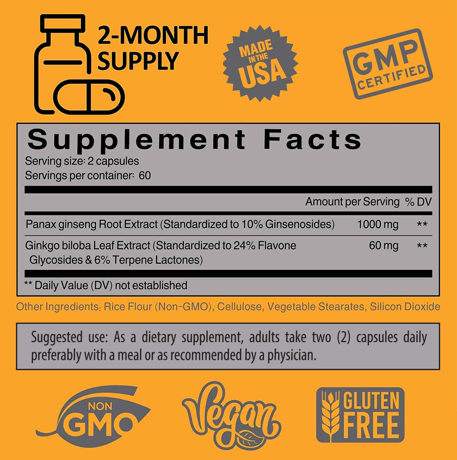 Authentic Korean Red Panax Ginseng + Ginkgo Biloba, 120 Vegan Capsules, Ginseng Root Extract Powder 1000mg (10% Ginsenosides) + Gingko Biloba 60mg, Energy and Focus Pills for Men and Women by NooMost: Health & Personal Care
