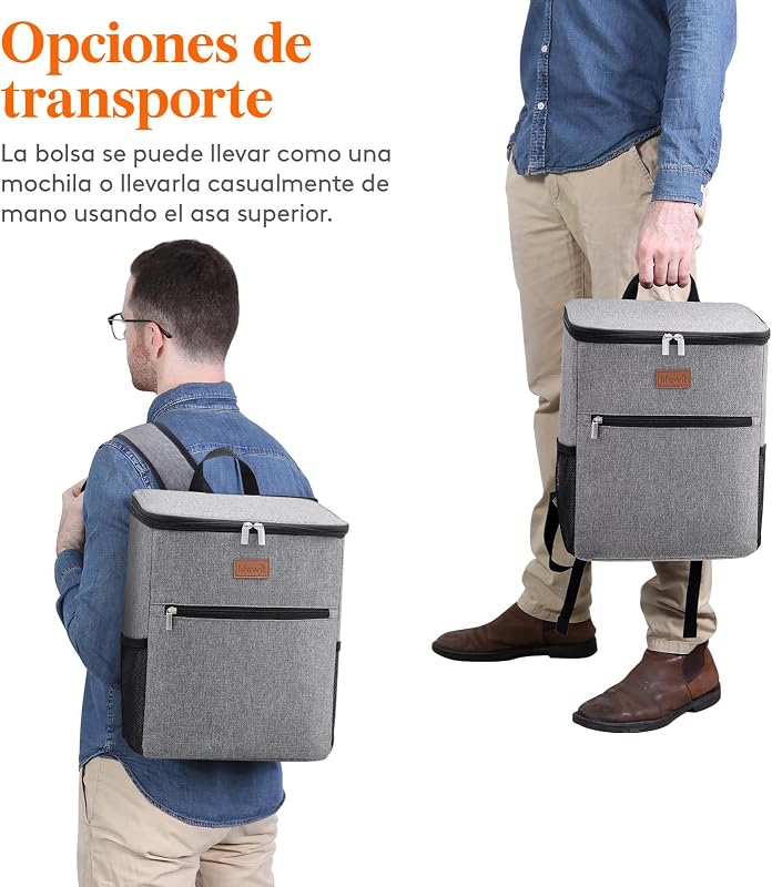 Mochila Nevera 24L (30 Latas), Mochilas Neveras Portatil Isotermica, Bolsa Termica Porta Alimentos Impermeable, Cooler Bag para Playa, Picnic, Camping, Viaje, Trabajo, Gris