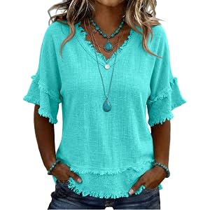 Fringe Boho Tops for Women Casual Cotton Linen Distressed V Neck Short Sleeve Blouses Gauze Raw Edge Hem Shirts
