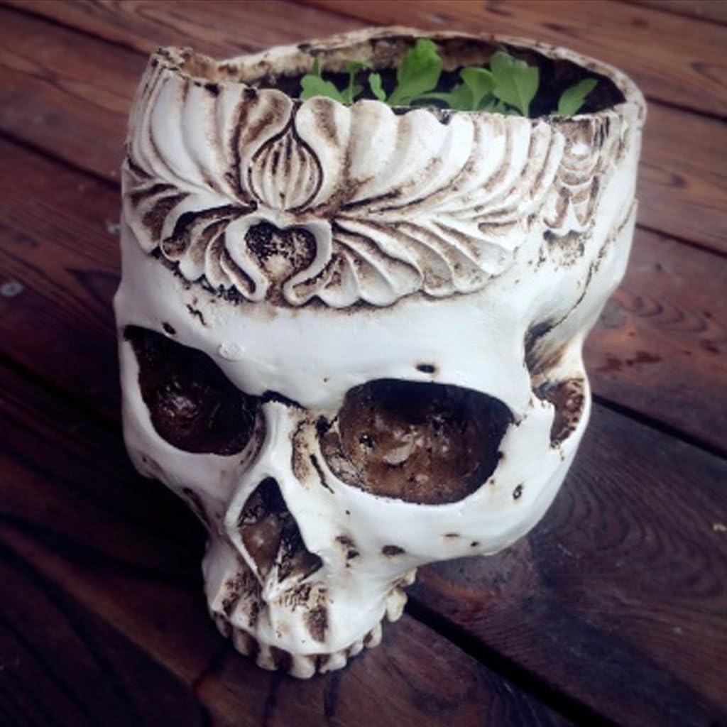 Flower Pot Planter Container Halloween Decor Resin Skull Head Shape Flower Home Bar Ornament